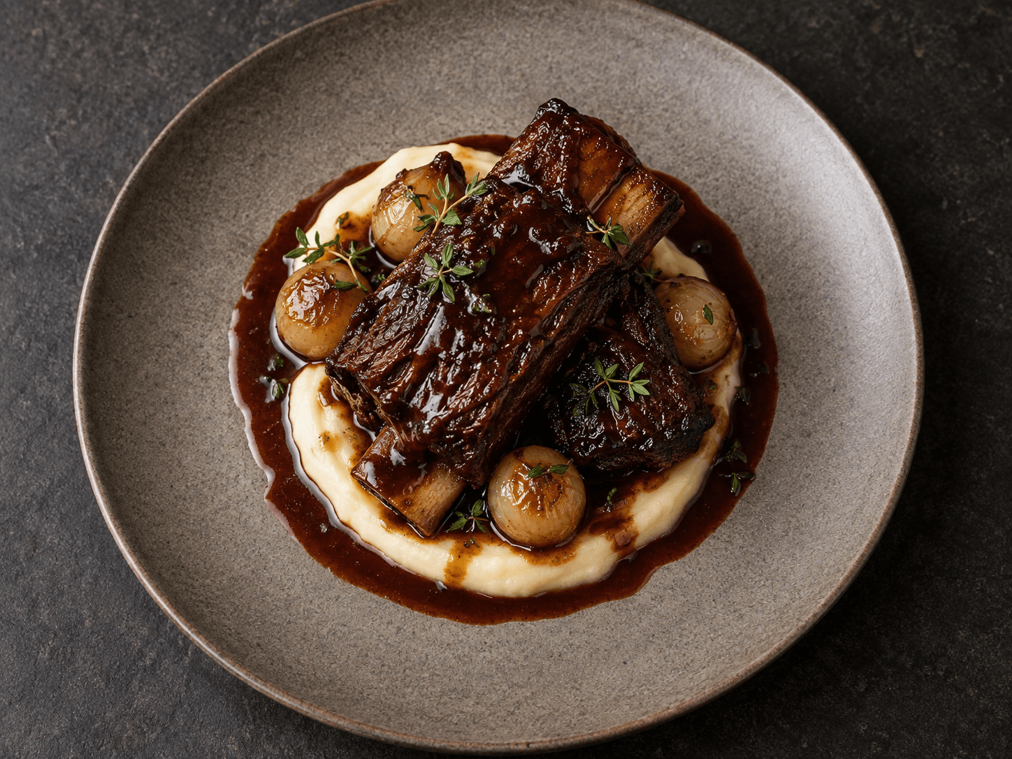 Red wine–braised short ribs with pomme purée and pearl onions